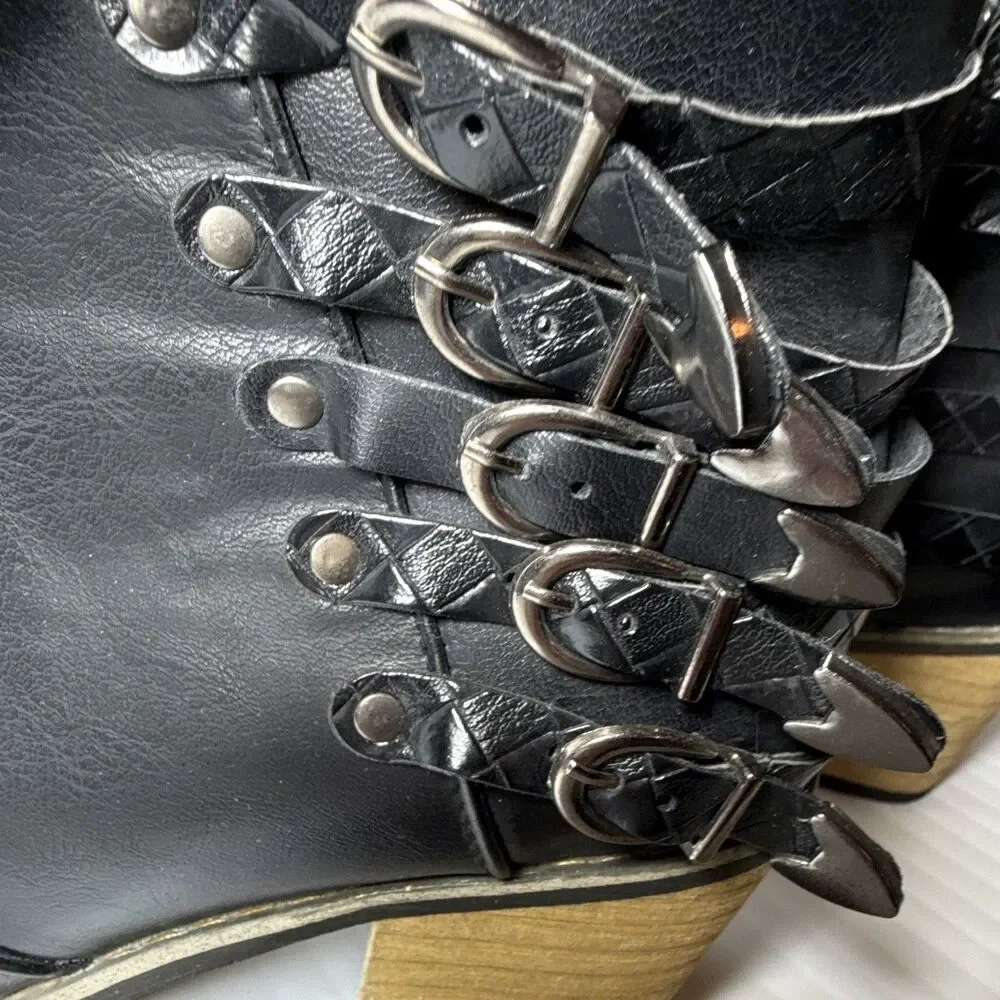 Black Faux Leather Ankle Bootie Almond Toe Side Zip Buckle Strap Women's 8.5 - Picture 4 of 8